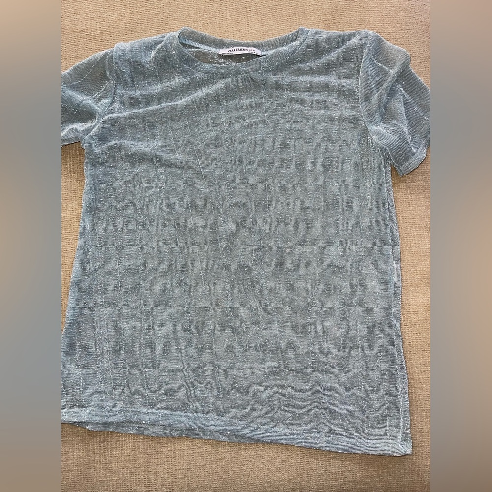 Zara glitter mesh top in powder blue